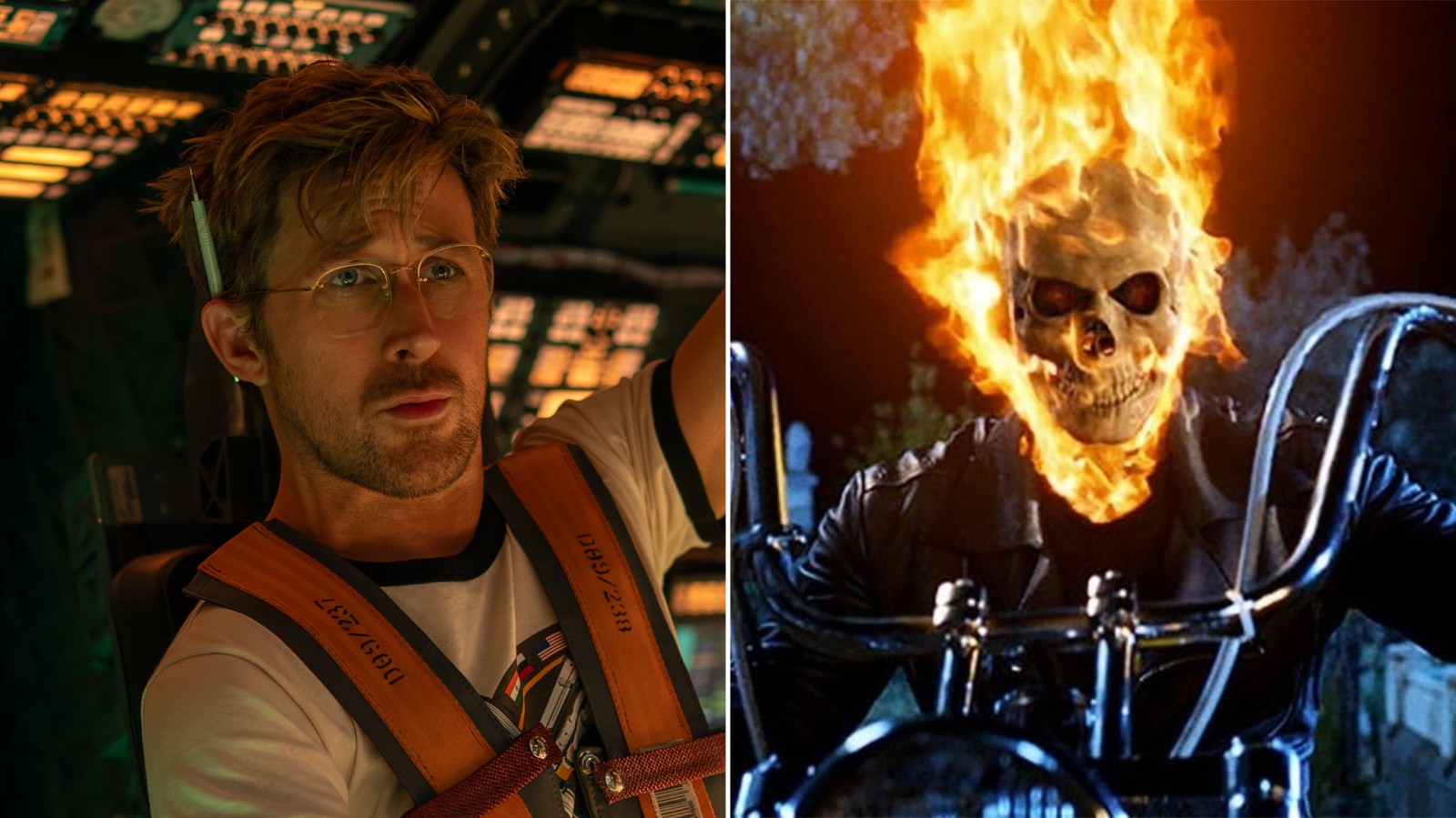 Ryan Gosling em cena de 'Devoradores de estrelas' ao lado de cena de 'Motoqueiro Fantasma'