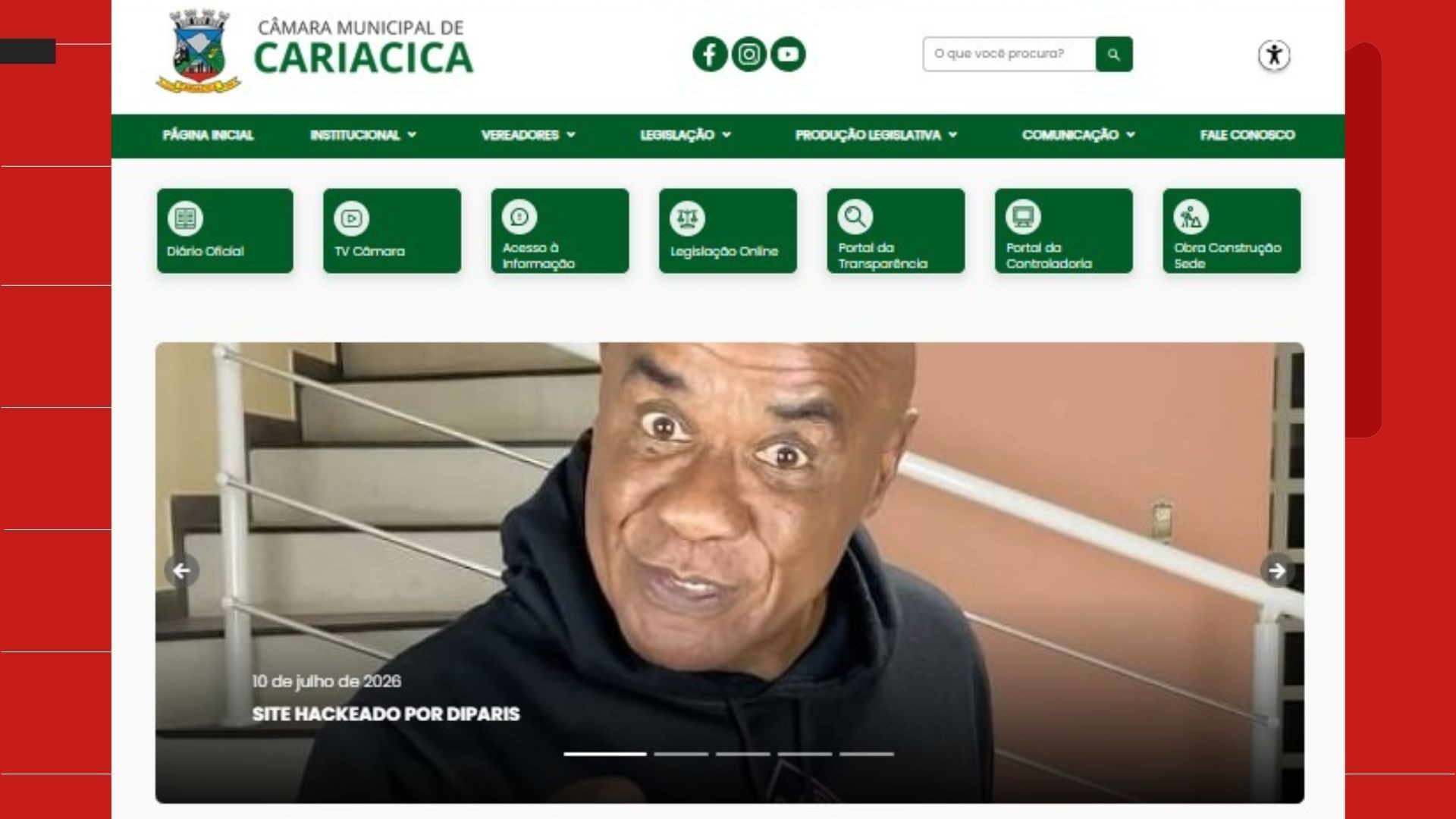 Site da Câmara de Cariacica hackeado com foto de Kid Bengala