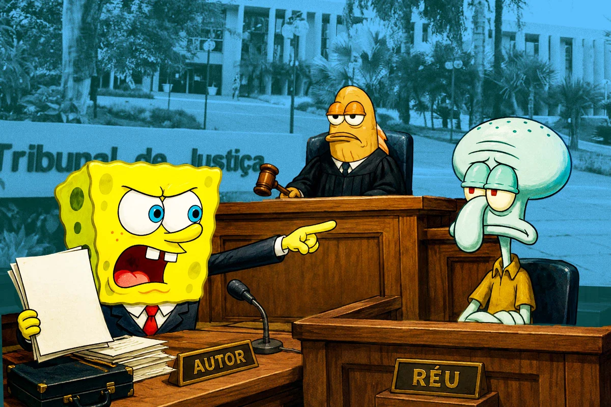 Arte com Bob Esponja, Lula Molusco e elementos de processo judicial