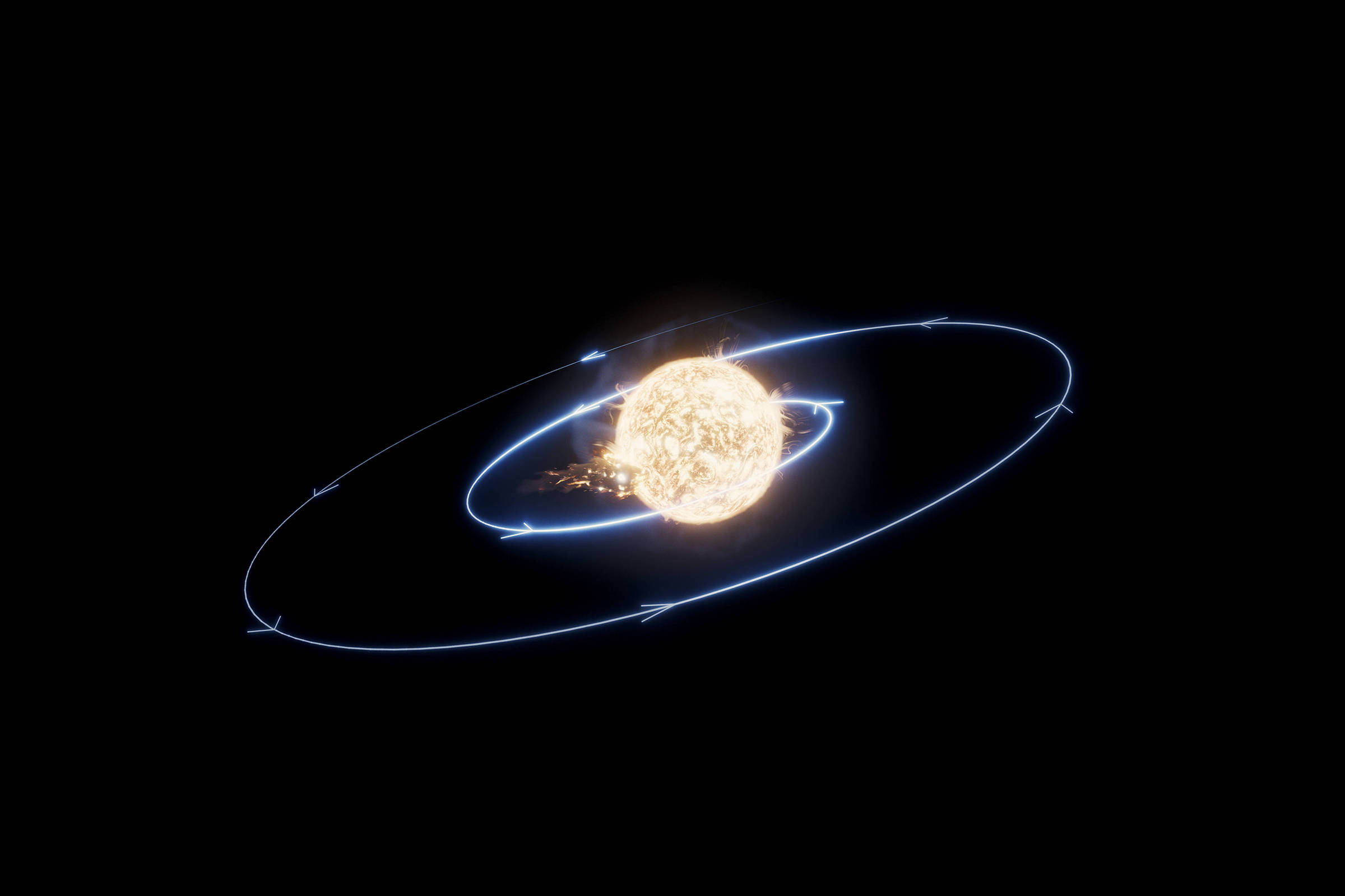 Concepção artística de um planeta em espiral em direção a uma estrela