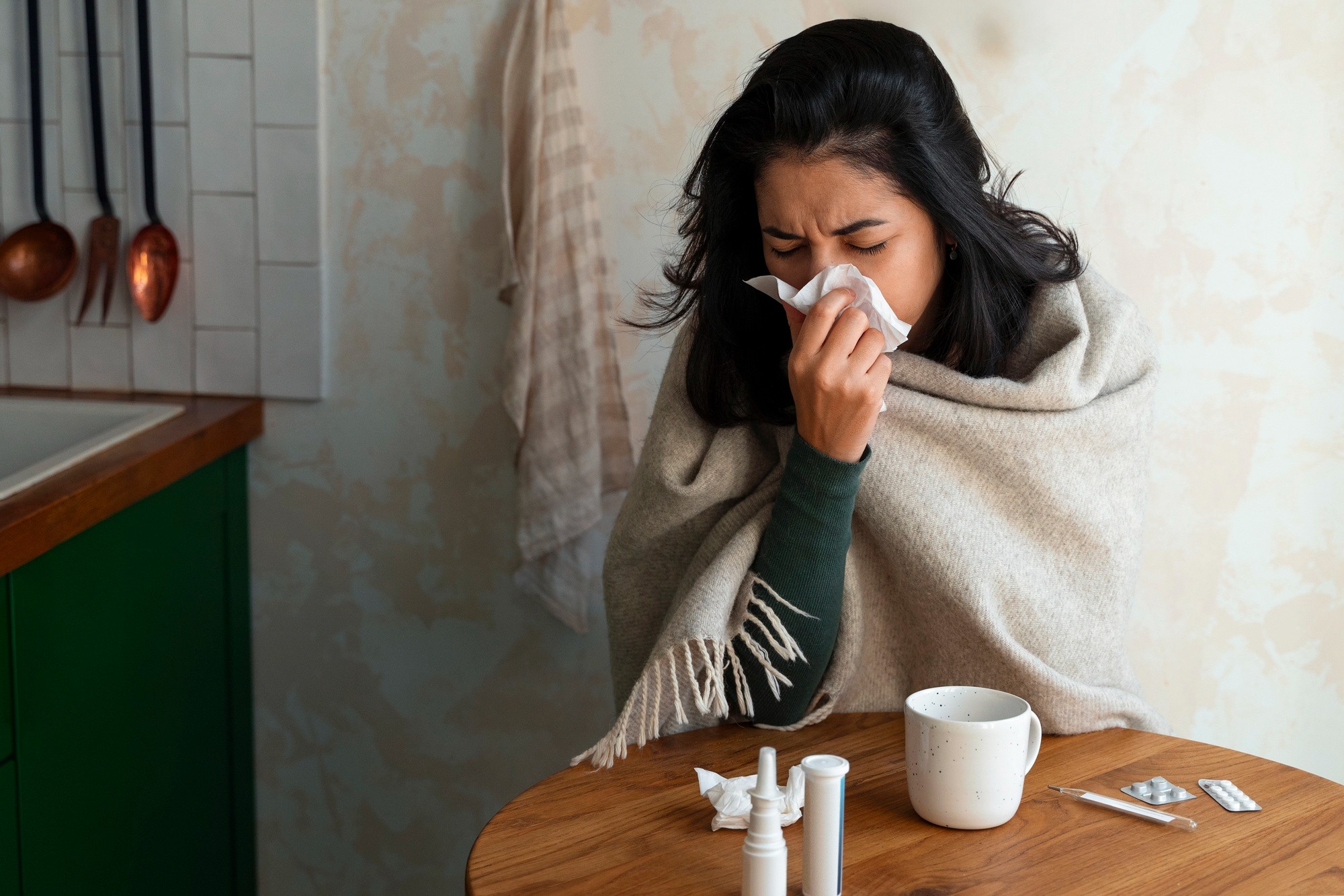 Representação de vírus da gripe em contato com células humanas