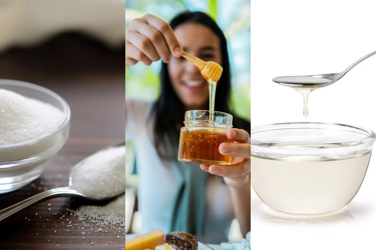 Açúcar e adoçante usados para adoçar bebidas e alimentos