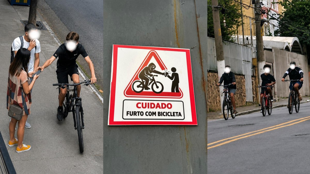 Adesivo com alerta sobre furto de celular por bicicleta