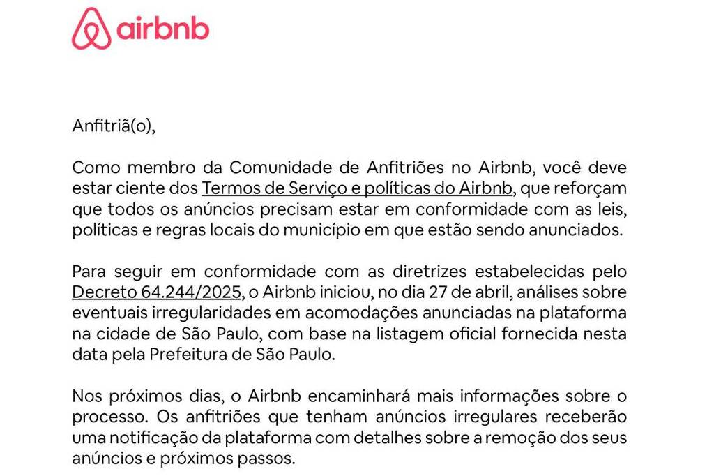 Notificação do Airbnb sobre a remoção de anúncio de hospedagem