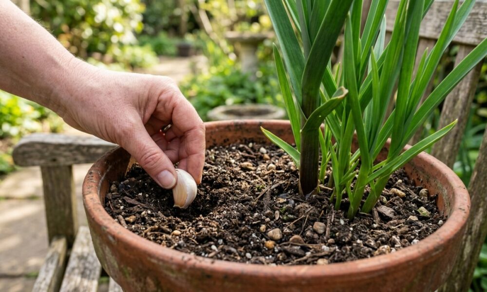 Dente de alho e vaso com planta