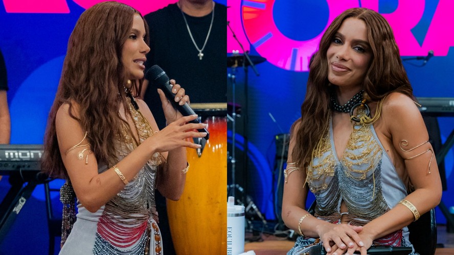 Anitta usa vestido cinza-claro bordado durante participação no Altas Horas
