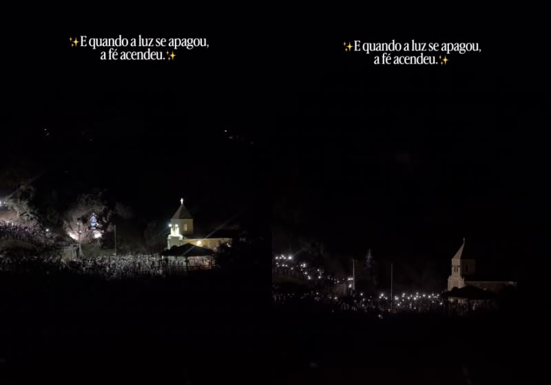 Fiéis iluminam missa com lanternas de celulares em Virgem da Lapa, Minas Gerais