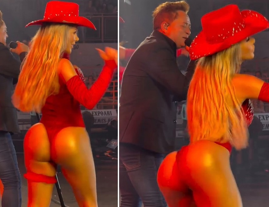 Bailarinas de Leonardo com body vermelho durante show