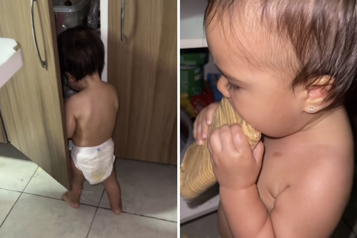 Bebê Alanis segura pacote de biscoito na cozinha