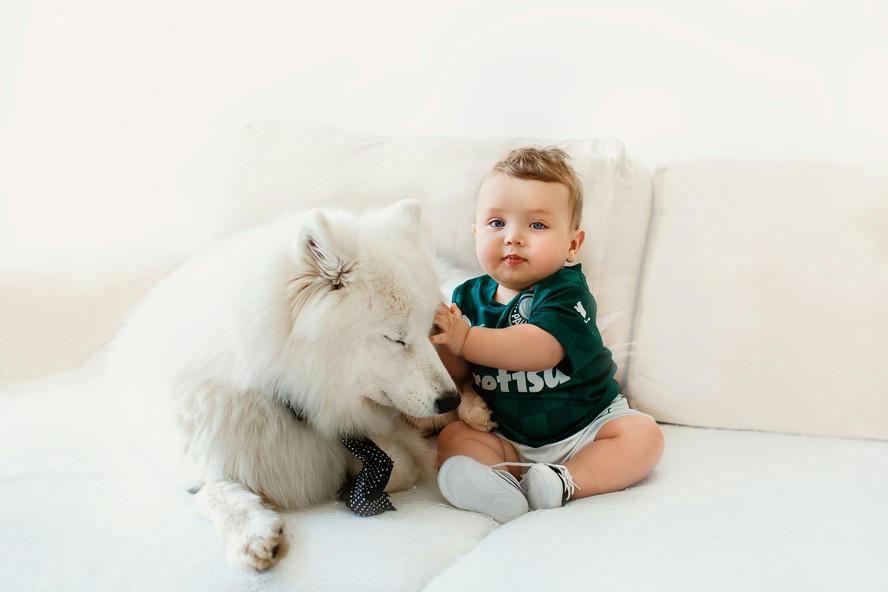 Bebê ao lado de cachorro da família