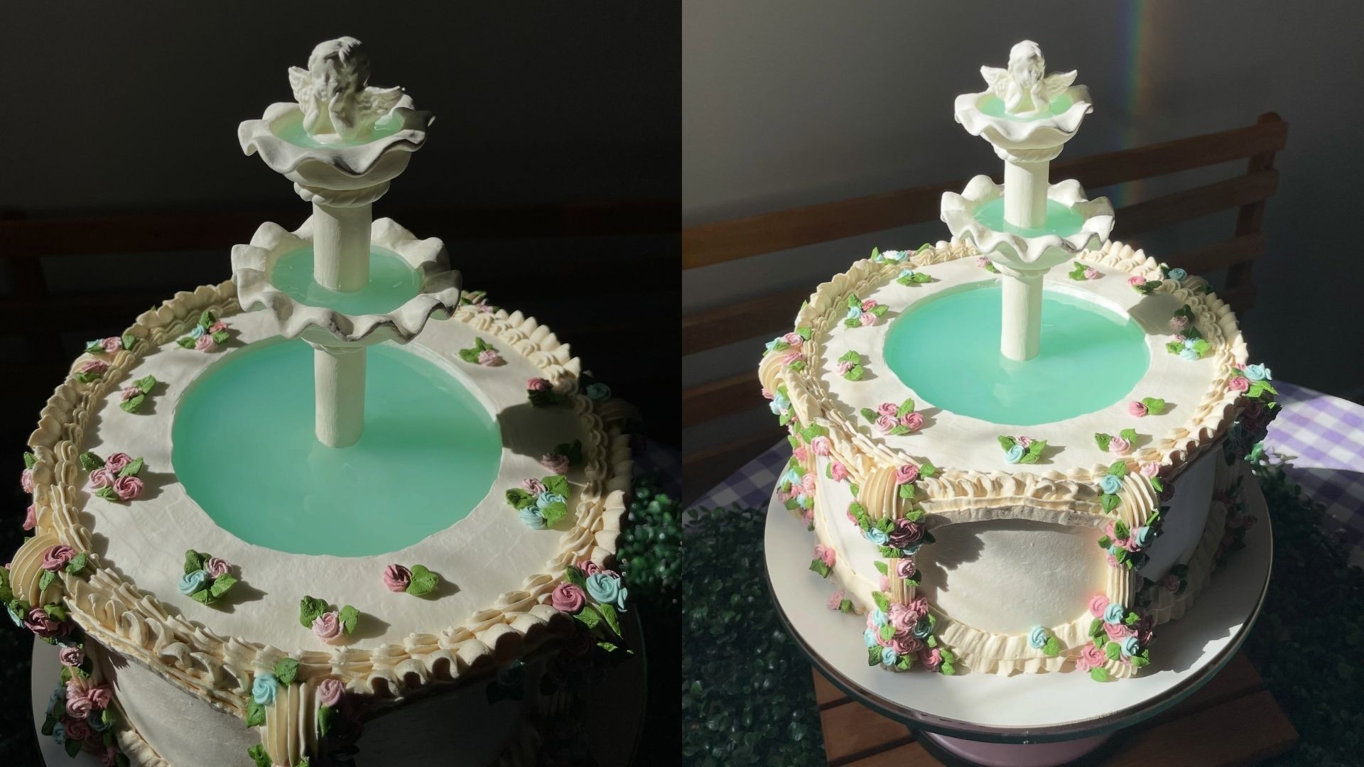 Bolo decorado como fonte ornamental com flores em tons pastéis e um anjo no topo