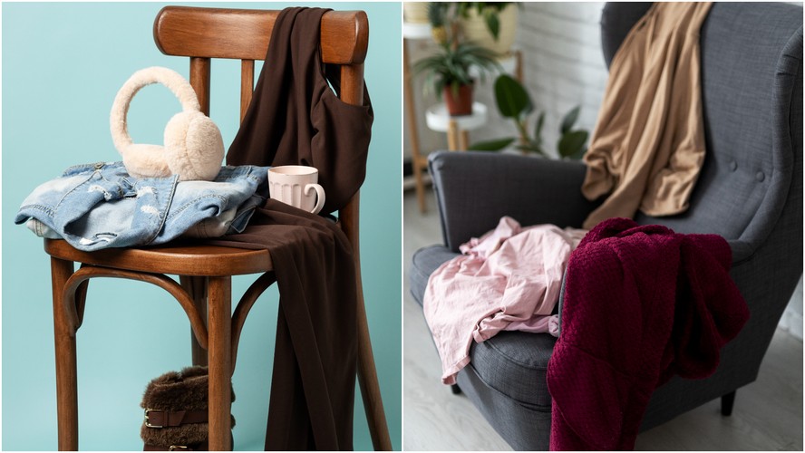 Cadeira com roupas acumuladas em um quarto