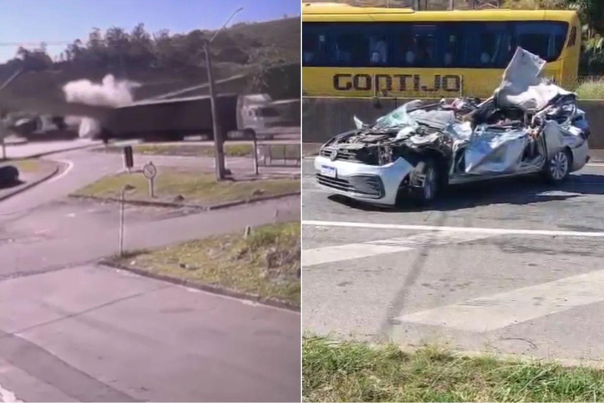 Passarela caída sobre a Rodovia Fernão Dias após acidente em Vargem