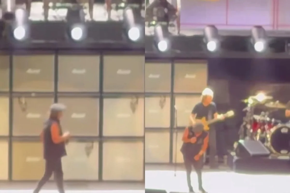 Brian Johnson, vocalista do AC/DC, durante apresentação no palco