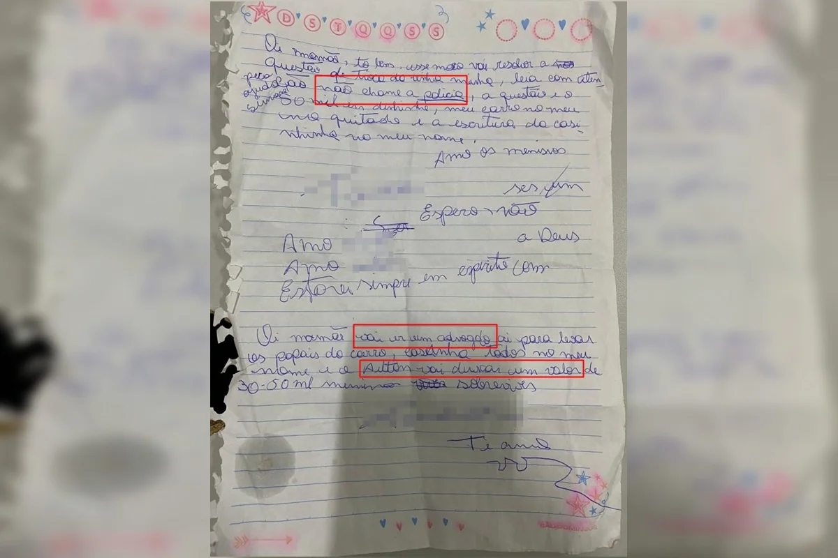 Carta escrita pela vítima durante o cárcere privado