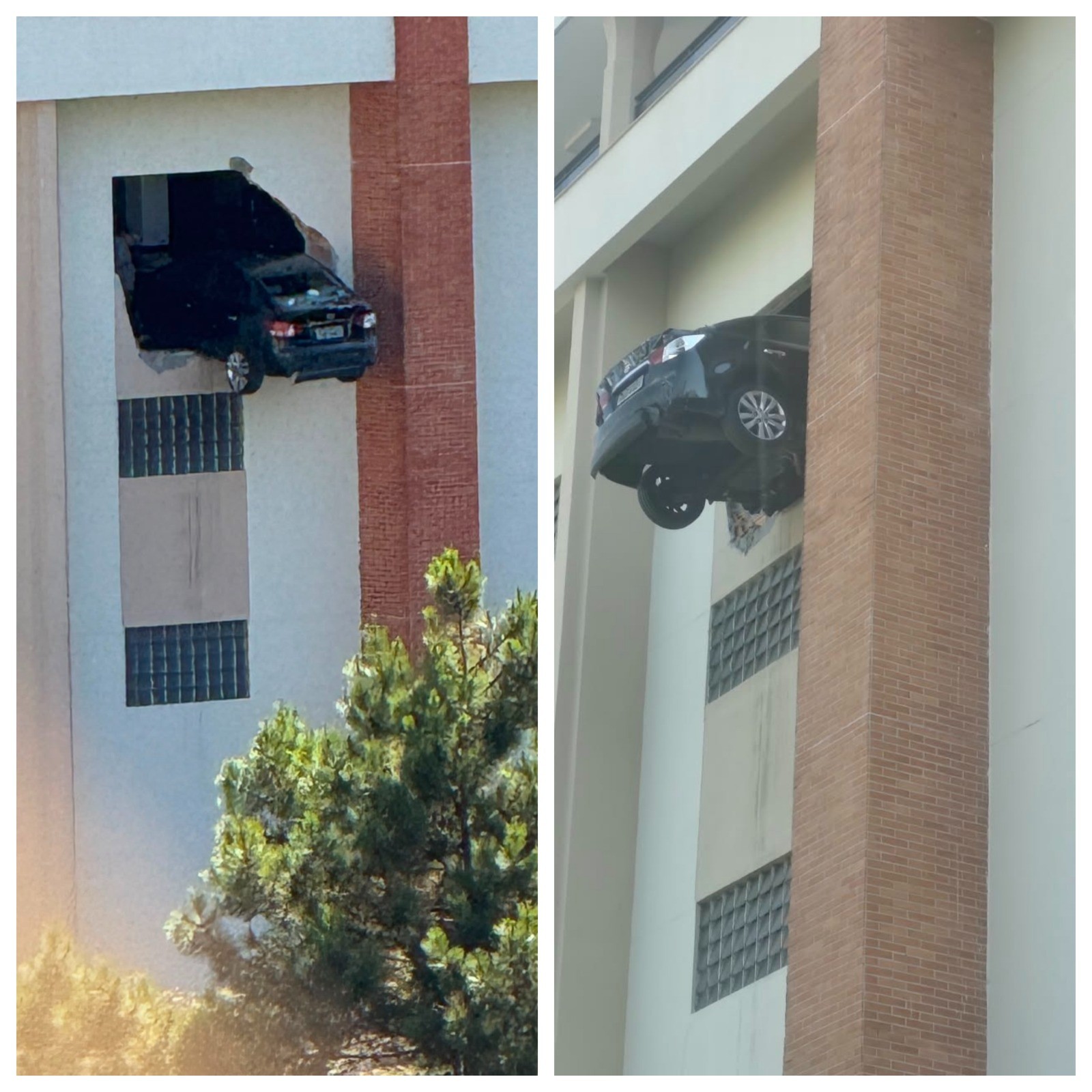 Carro pendurado na estrutura externa de estacionamento em Nova Lima