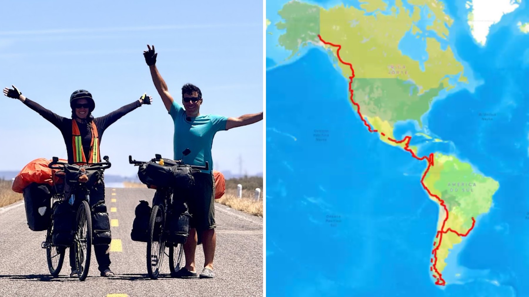 Bruna Pionoski Cardoso e Jonas de Paula e Silva com bicicletas durante viagem
