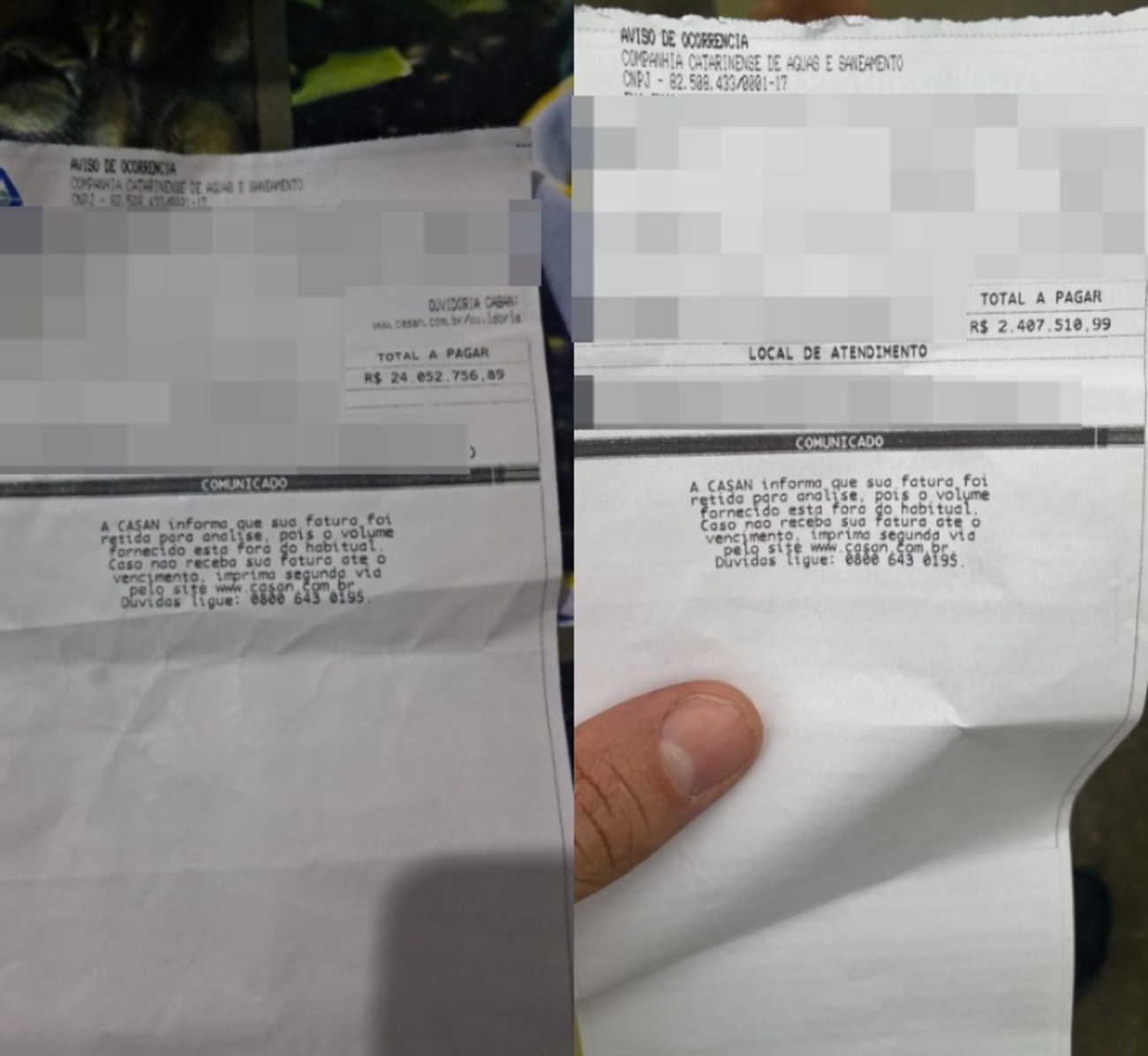 Documento da Casan entregue a moradora de Barra Velha