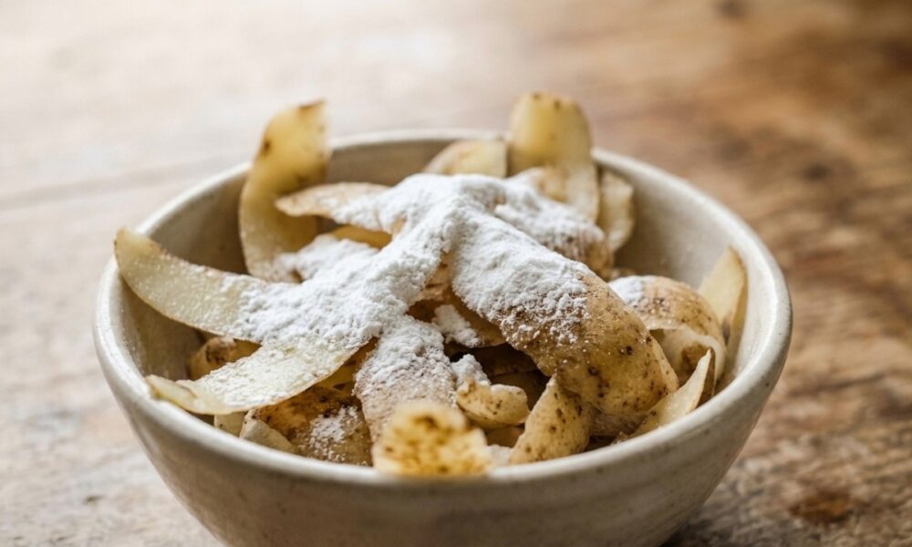 Casca de batata e bicarbonato de sódio sobre utensílio metálico
