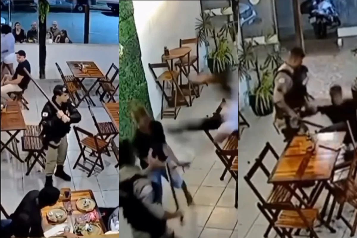 Policiais e cliente durante confusão em estabelecimento comercial