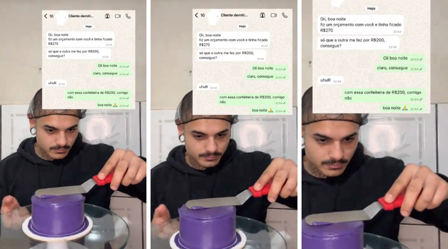 Confeiteiro alisa cobertura de bolo roxo com detalhes brancos