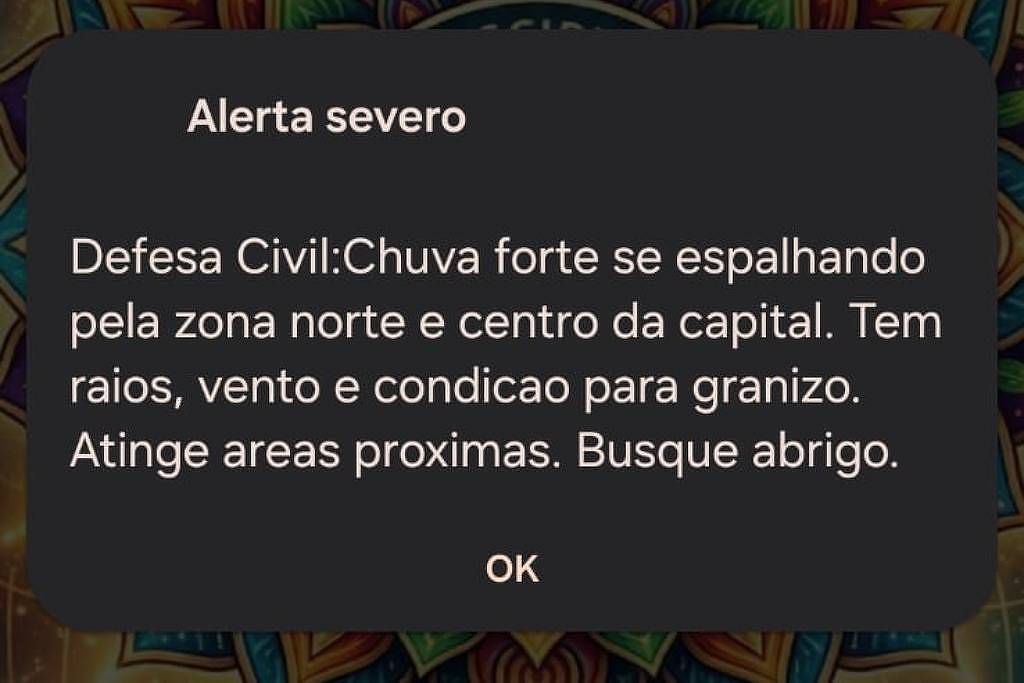 Tela de celular com alerta da Defesa Civil para chuva forte em São Paulo