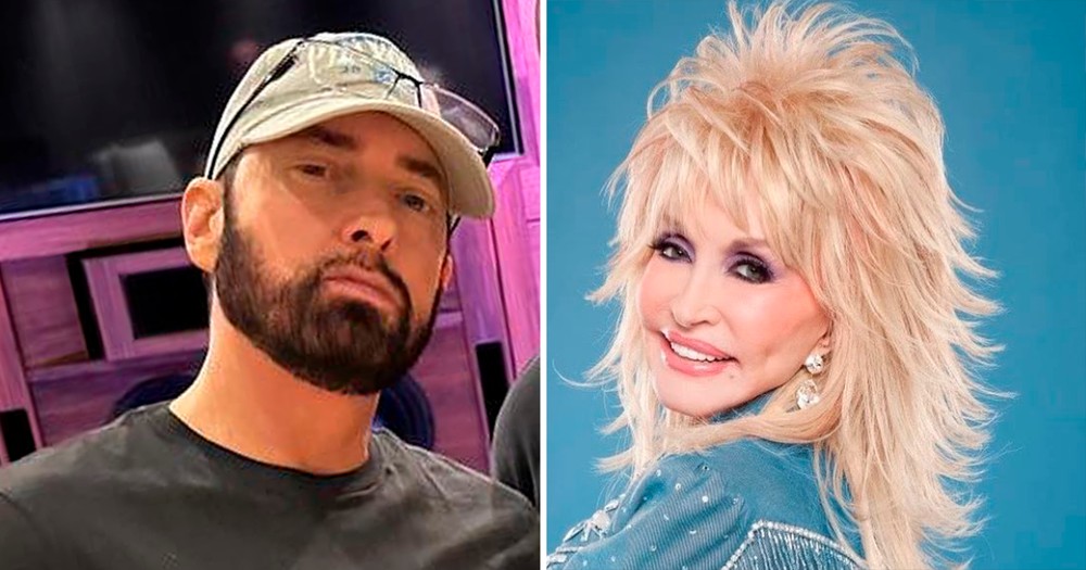 Eminem e Dolly Parton em montagem com fotos dos artistas