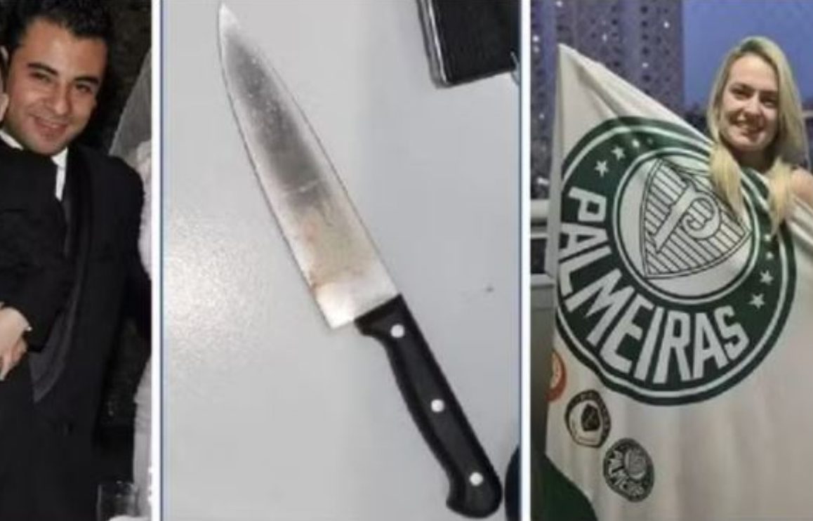 Érica Fernandes Alves Ceschini e Leonardo Souza Ceschini com bandeira do Palmeiras