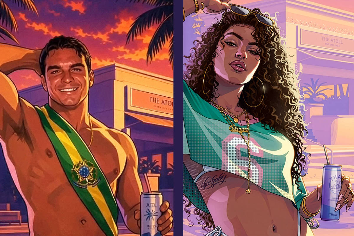Ilustração de Flávio Bolsonaro de sunga branca e faixa presidencial