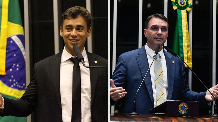Flávio Bolsonaro e Nikolas Ferreira em imagens de arquivo