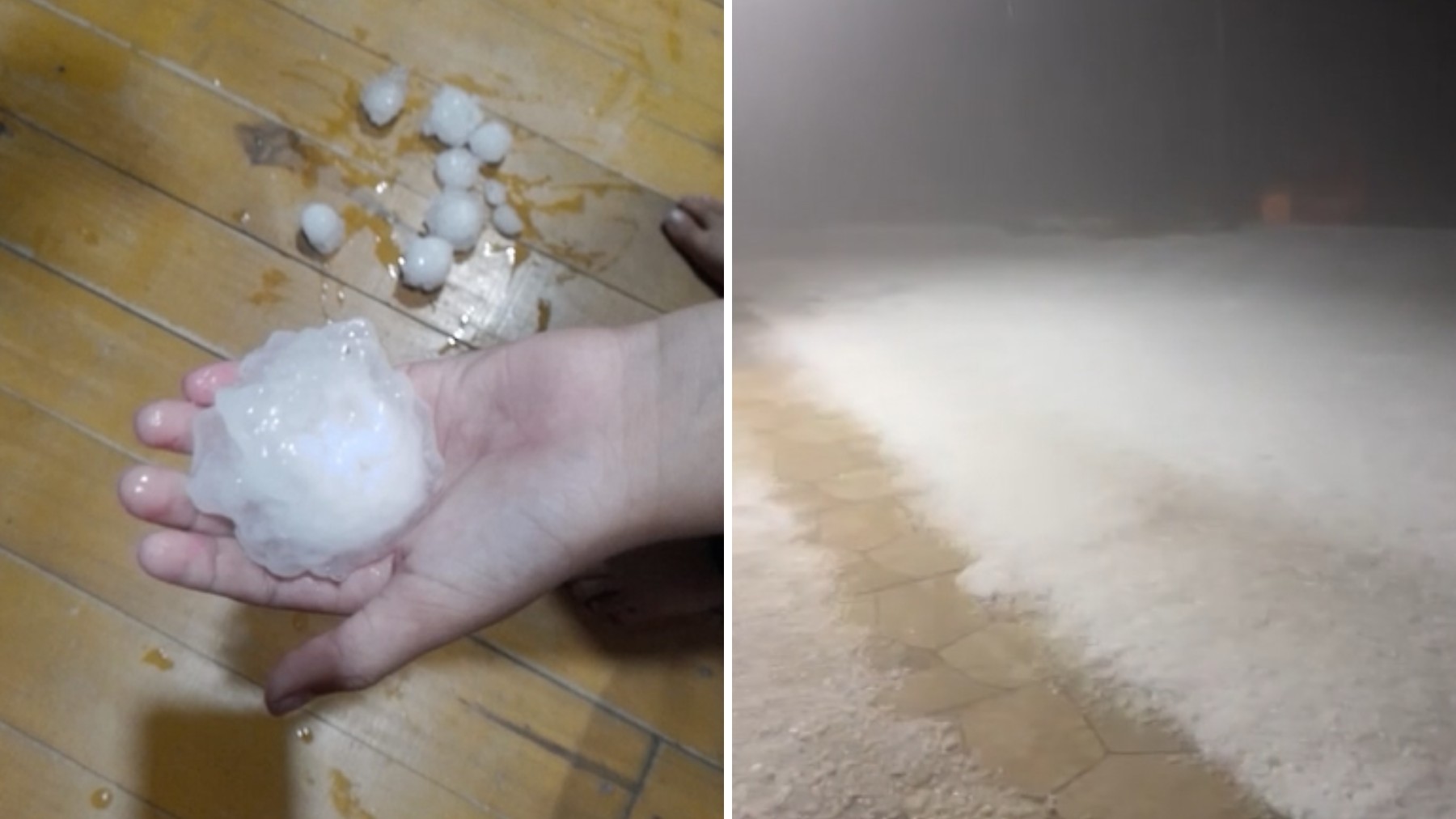 Quintal coberto por pedras de granizo em Reserva, no Paraná