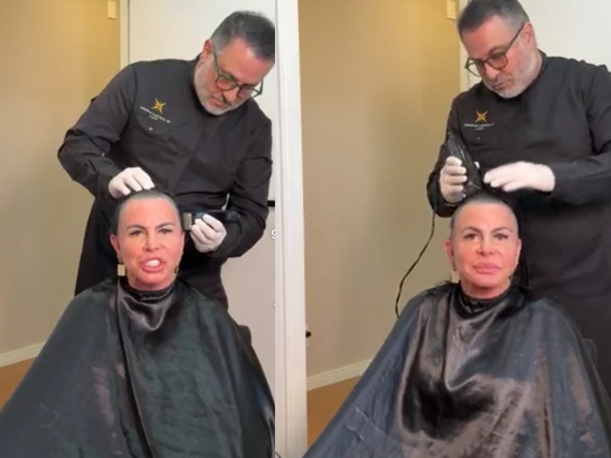 Gretchen com a cabeça raspada durante transmissão ao vivo