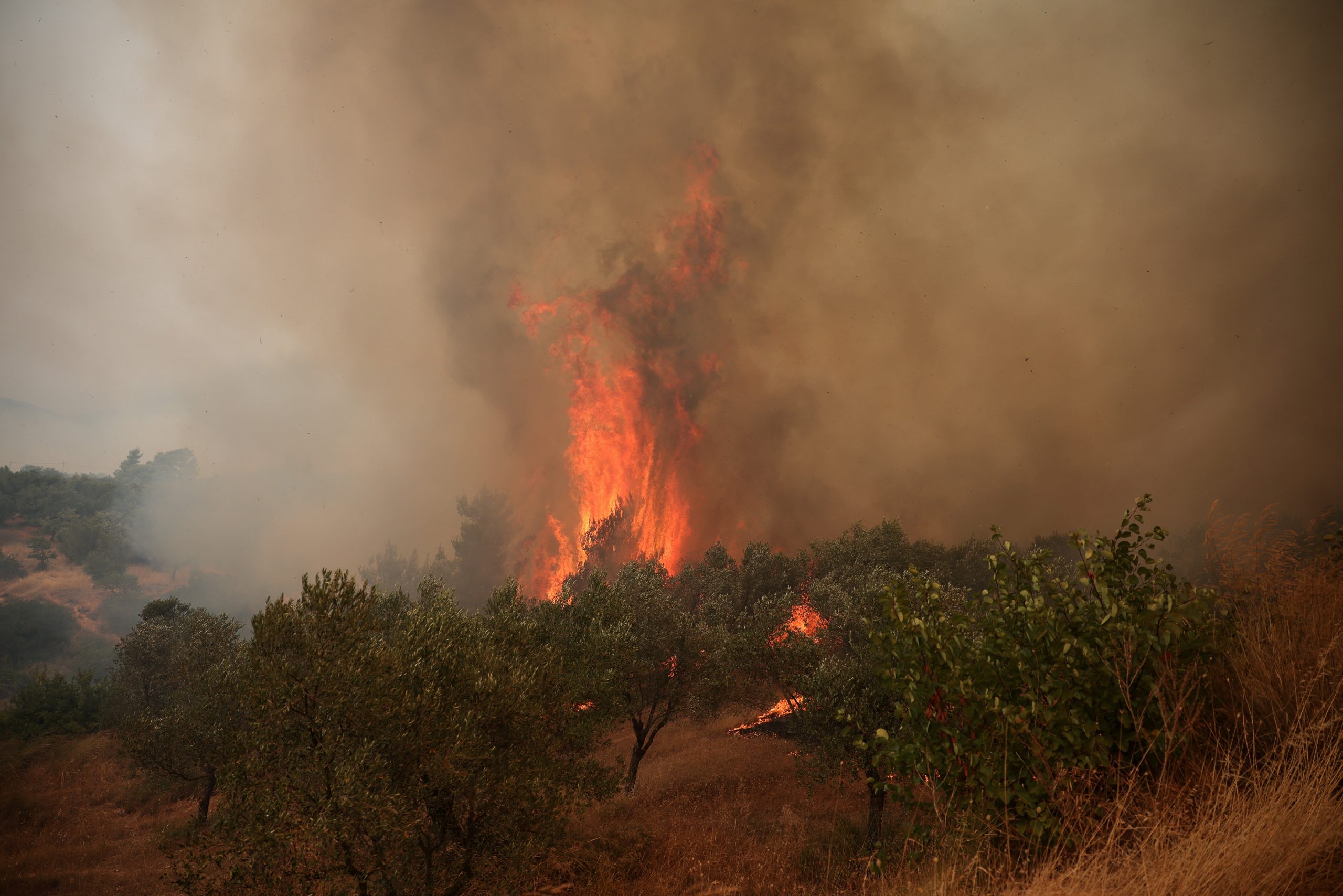 Dois helicópteros militares momentos antes de colisão durante combate a incêndio na Grécia