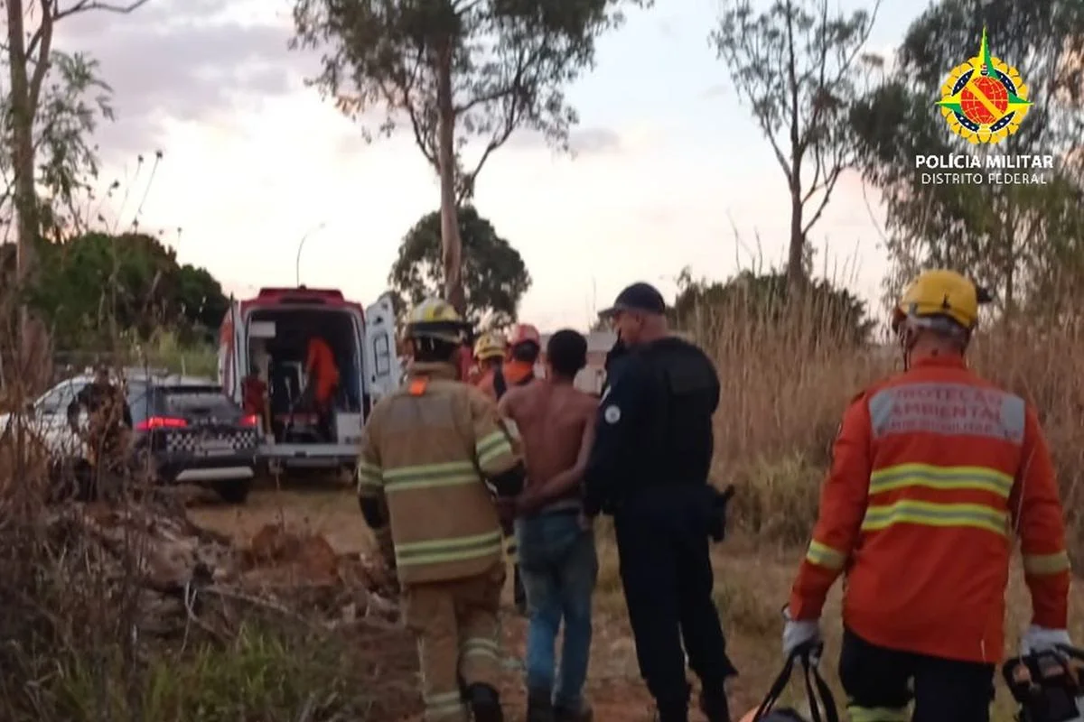 Homem no alto de uma árvore durante ocorrência policial