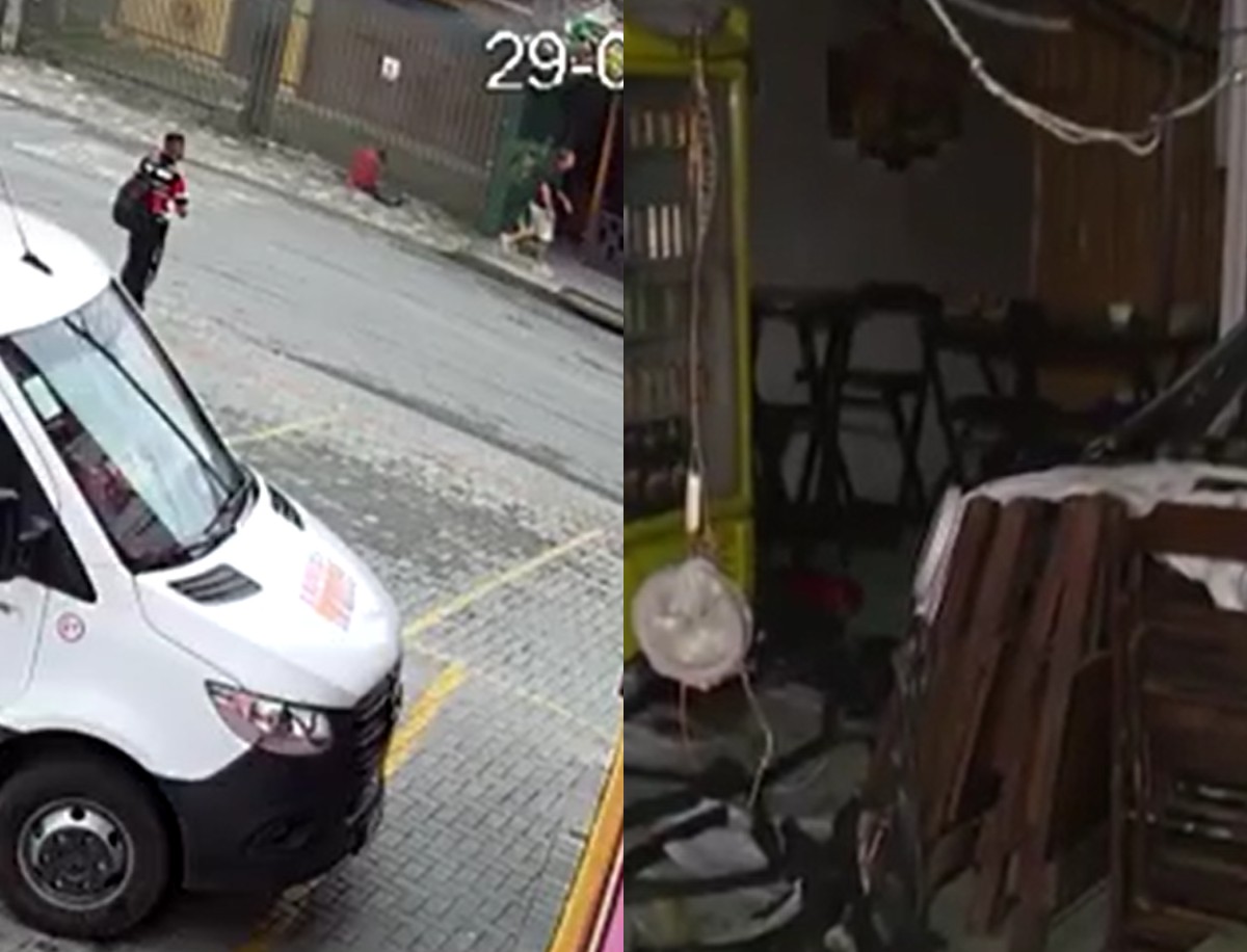 Homem caminha em direção a restaurante com mochila em Joinville