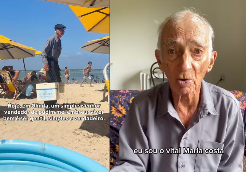 Vital Maria da Costa carrega caixas de isopor com pudins na praia de Olinda