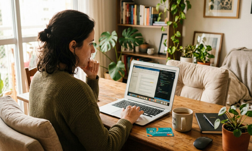 Funcionária trabalha em computador em casa