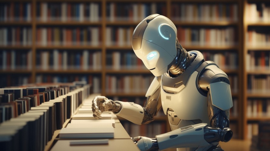 Robô segurando um livro em uma biblioteca
