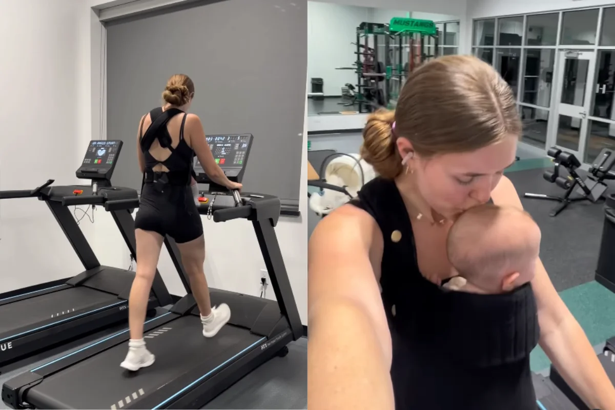 Angela Holm caminha em uma esteira com a filha Zayla presa ao peito