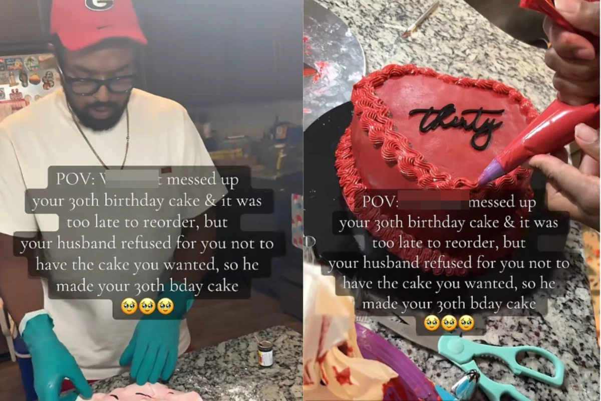 Bolo de aniversário em formato de coração preparado por Luke Hampton
