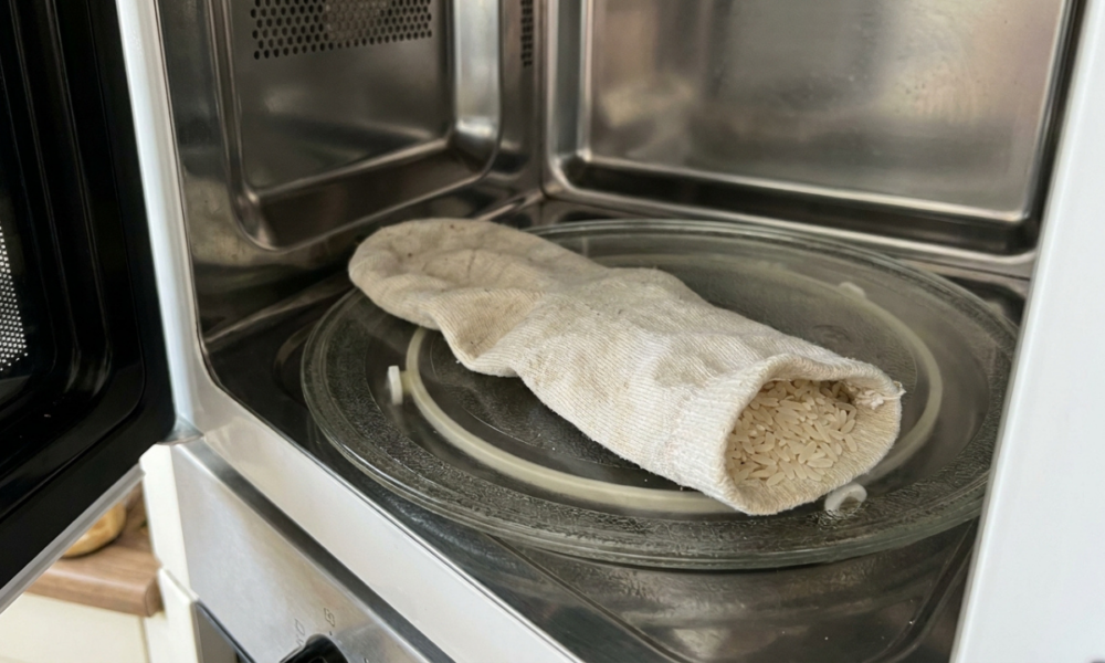 Meia de algodão preenchida com arroz cru sobre uma superfície