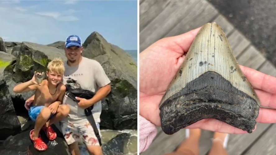 Michael Bowers e o filho Bo seguram dente fossilizado de megalodonte