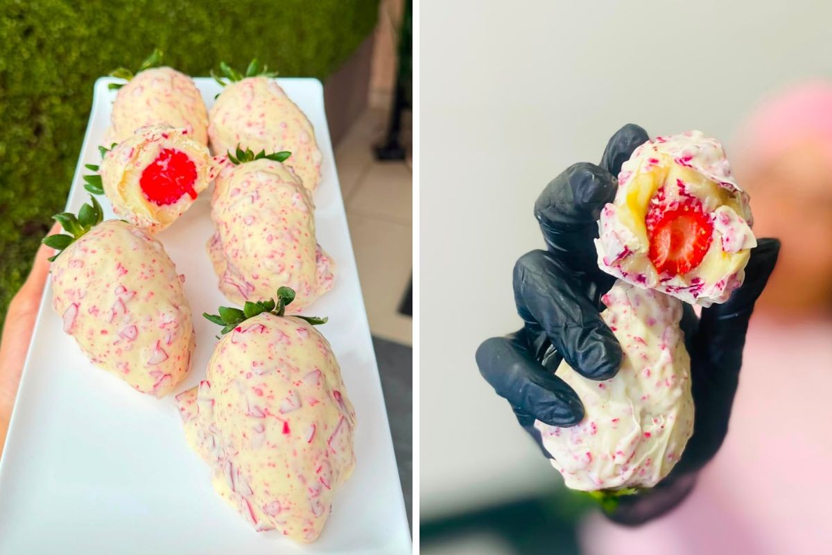 Morango cravejado com cobertura de chocolate branco e pedaços de caramelo