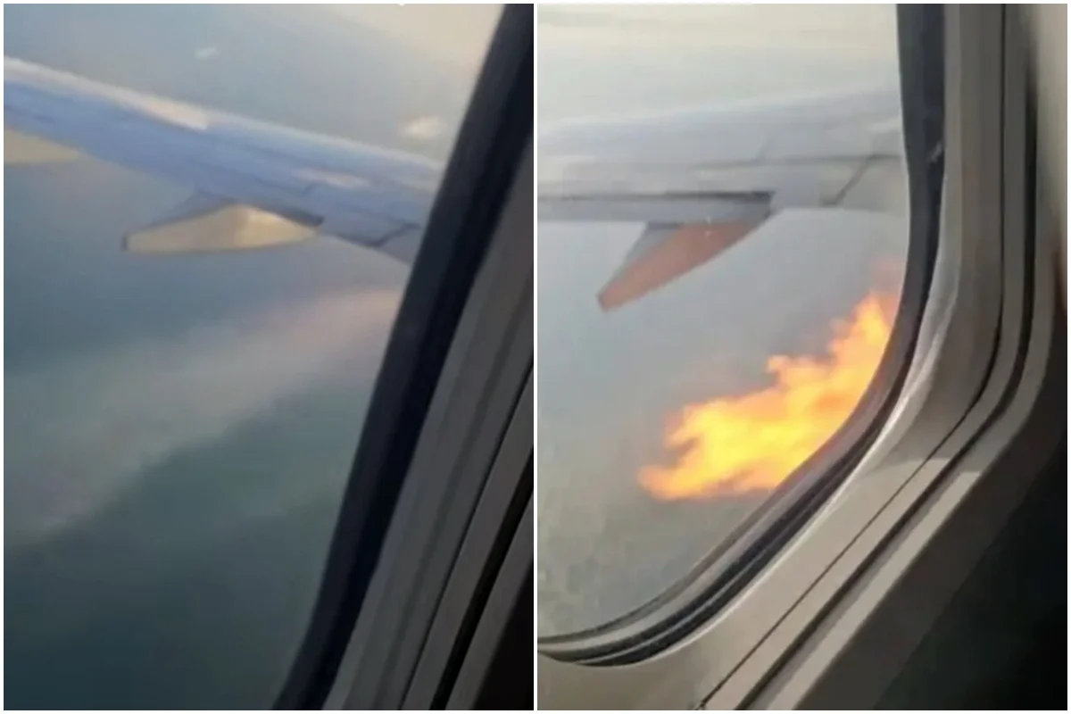 Chamas saem da asa esquerda de avião da American Airlines durante voo