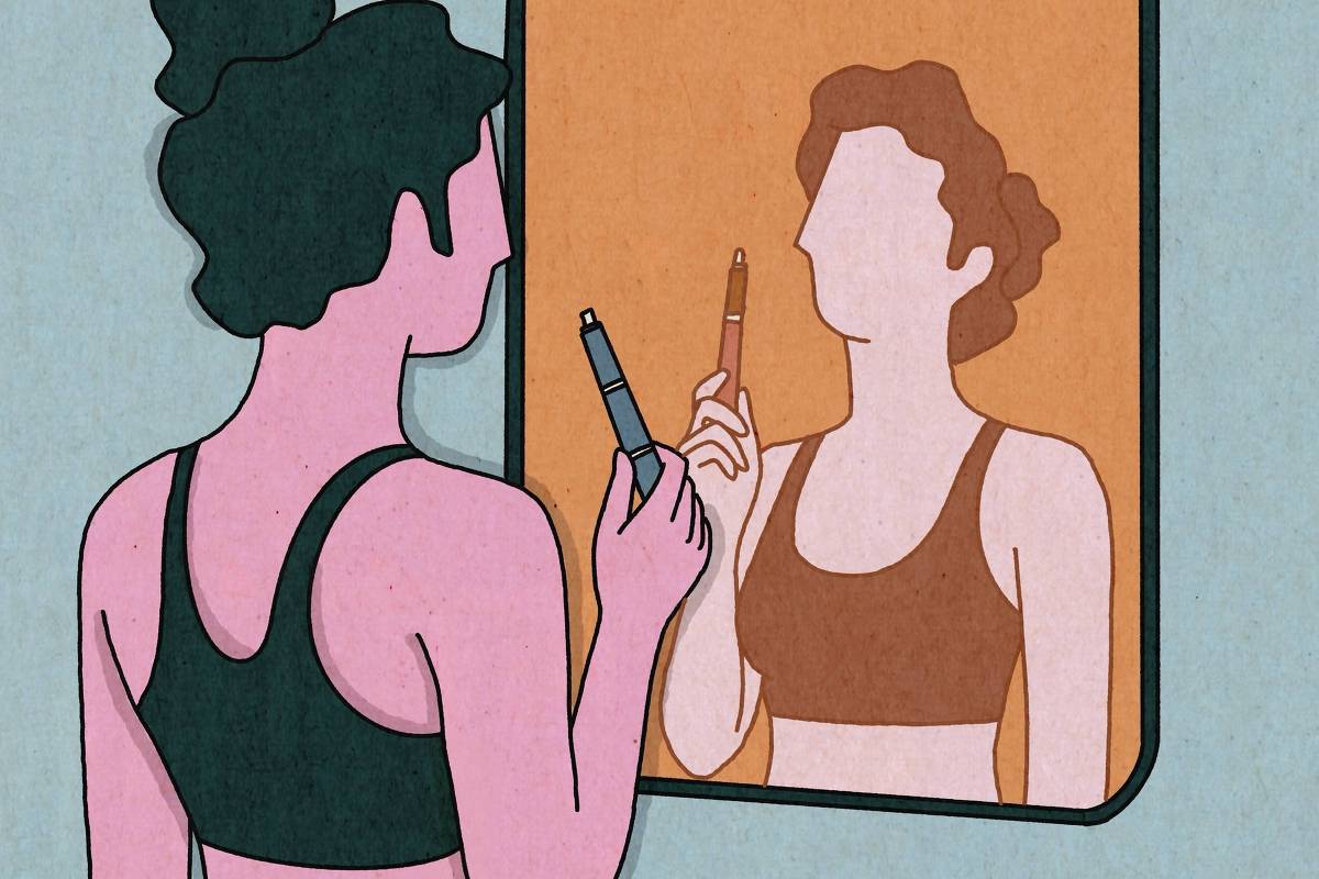 Ilustração de mulher com caneta emagrecedora diante do espelho