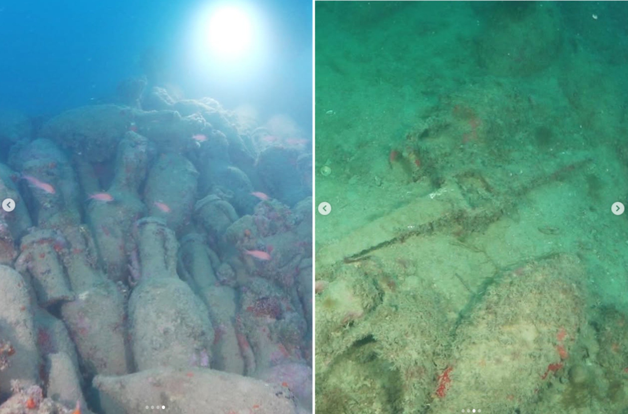 Naufrágio romano com ânforas no fundo do mar na costa da Sicília