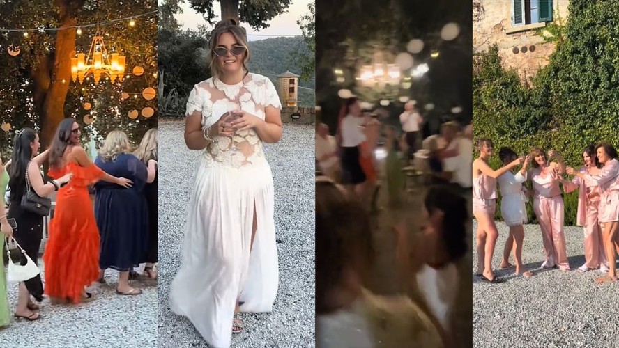 Katherine Jones durante celebração de casamento na Toscana