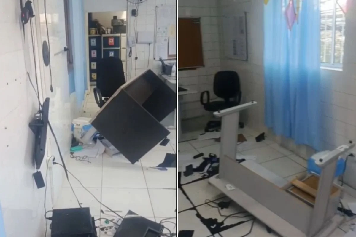 Móveis e objetos danificados em sala de creche