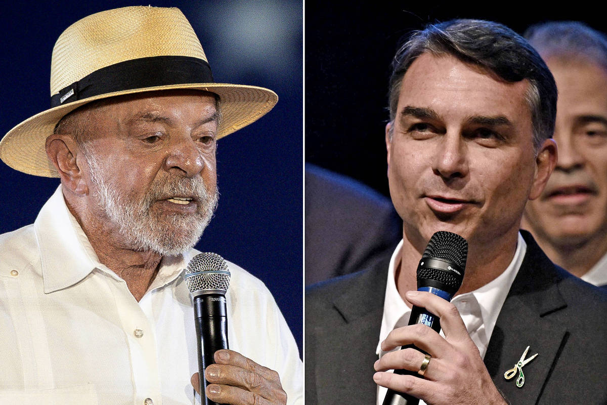 Lula e Flávio Bolsonaro em montagem com microfones
