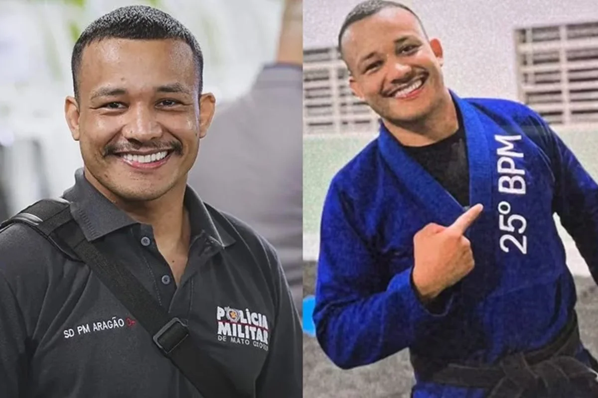 Cabo Renato Oliveira Aragão com quimono e farda da Polícia Militar